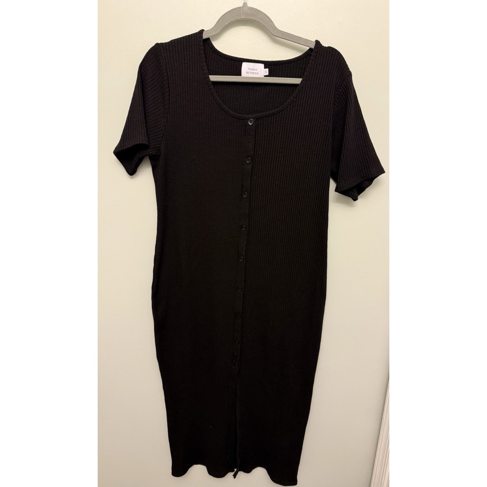 Things Between Ribbed Midi‎ Dress Black False Buttons Sz L Stretch Bodycon Slit